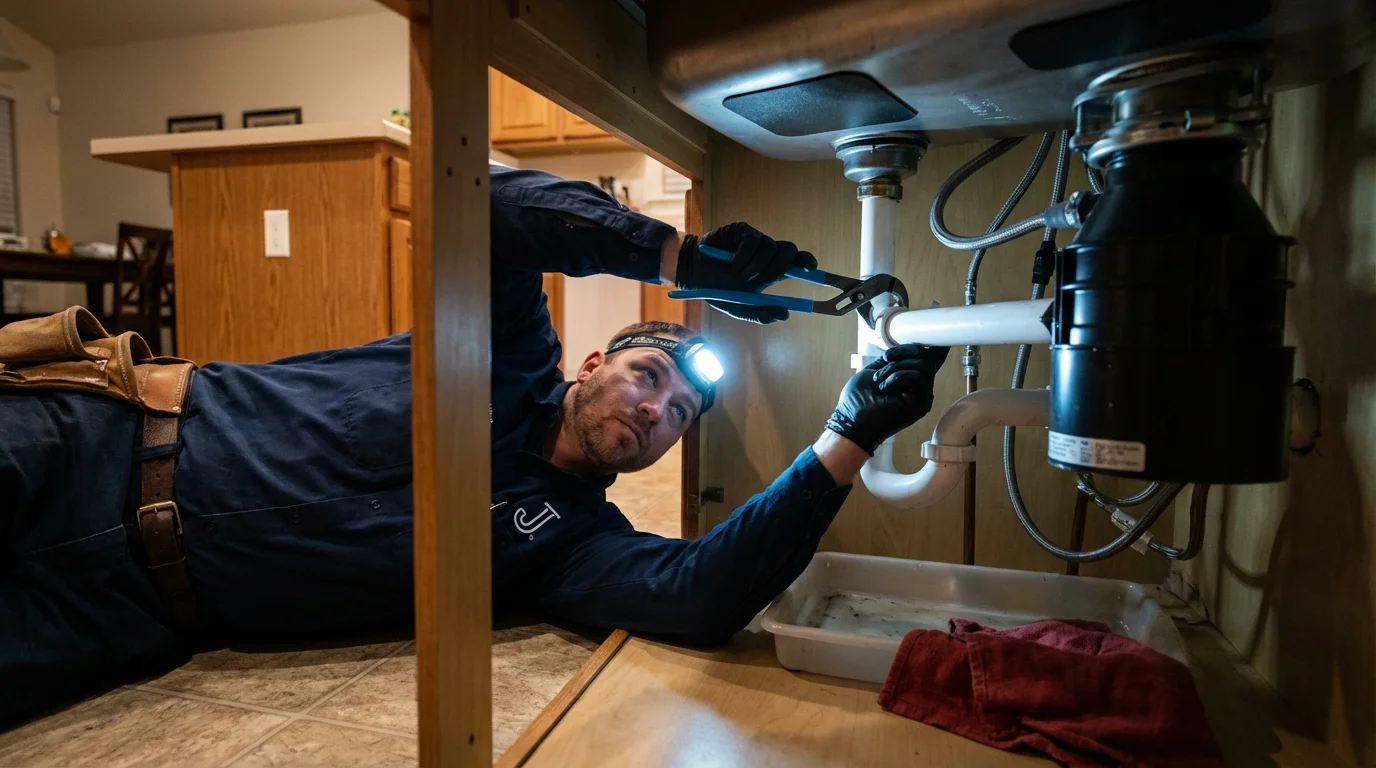 P-trap and supply line connections under a kitchen sink showing a common leak point in Springfield, MA